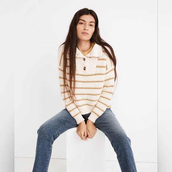 Madewell Stripe Canby Button Mockneck Sweater in Stripe - Picture 1 of 15